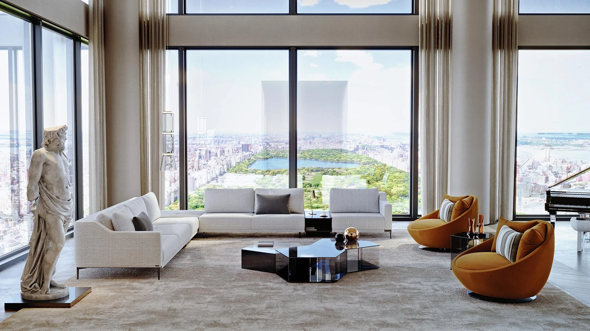 A penthouse living room overlooking Central Park — the kind of view Veduta makes universally available