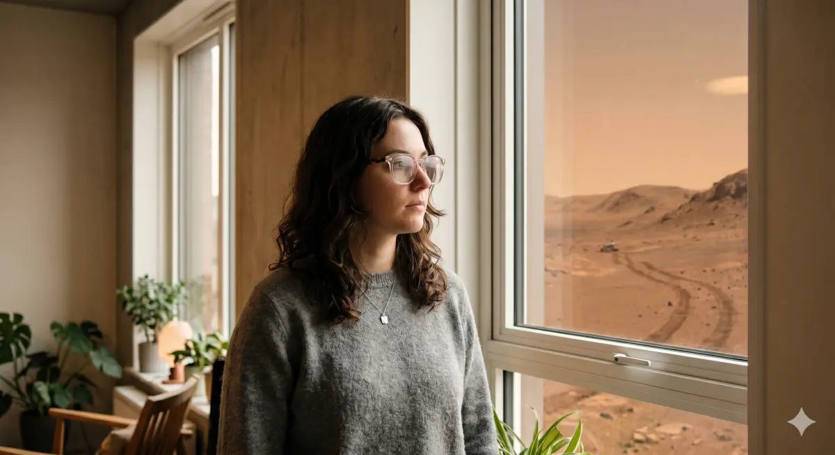 A person wearing Veduta's polarized glasses looking through a window onto a Martian landscape