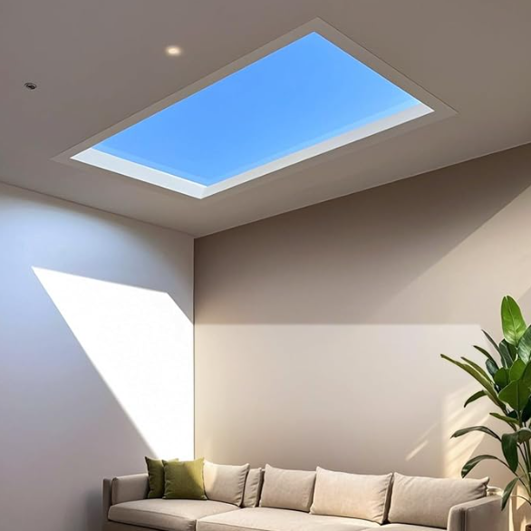 A Veduta Sky ceiling panel casting a real sunbeam across a living room