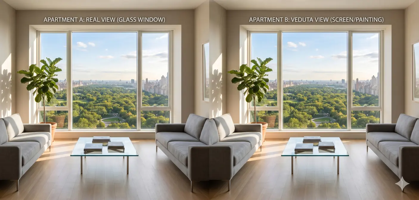 Two identical penthouse living rooms side by side over the same Central Park view — Apartment A is a real glass window, Apartment B is a Veduta, and they are visually indistinguishable